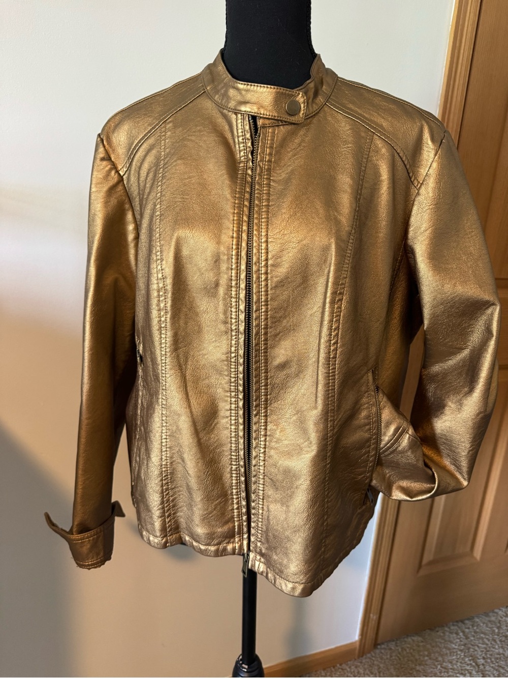 Women's Metallic Gold Faux Leather Zip Jacket